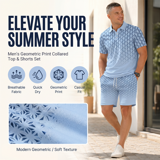 ⏳Tidsbegrenset tilbud⏰ Herreskjorte med geometrisk mønster og shorts-sett – Moderne mønster & pustende koordinert look 🔷