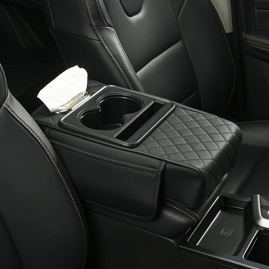 🎯 All-in-One Car Armrest Organizer: PU Leather, Cup/Phone/Tissue Slots, Universal Fit