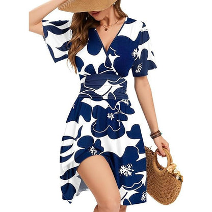 ☀️🌸 SOMMERSALG — 50% RABATT 👗 Damekjole med Rysjeerm – Flatterende V-hals, Omslagsmidje & Strikket Rygg ✨