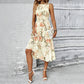 👗Damekjole Uten Ermer med Blomstertrykk – Smocket Liv, Lagdelt Skjørt, Midi-lengde ✨
