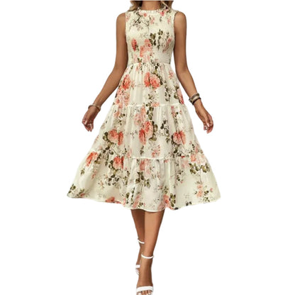 👗Damekjole Uten Ermer med Blomstertrykk – Smocket Liv, Lagdelt Skjørt, Midi-lengde ✨
