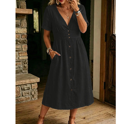 👗 50% RABATT NÅ! ☀️ Dame Sommer V-hals Knappeknapp Kjole – Lett og luftig – Perfekt for strand, lunsj eller hverdagsbruk – enkel, avslappet stil 🌸✨