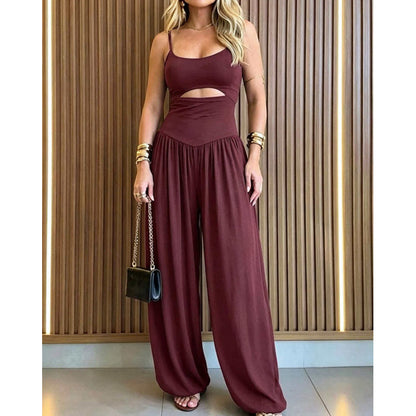 🩱NÅ 50 % RABATT✨Ermeløs jumpsuit med utskjæringer, vide ben og knyting i ryggen 💃 Stilig design, luftig stoff og behagelig passform til sommerdager 🌸