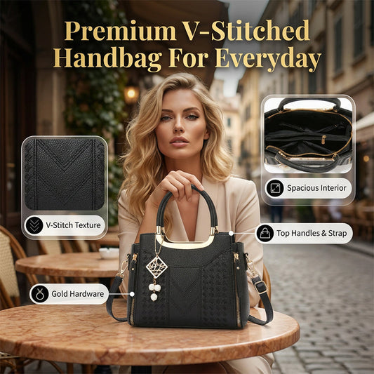 👜 BEGRENSET TID 50% RABATT! ✨ Dameveske med V-sømmer – Gullbeslag, flere rom, håndtak på toppen 🌸