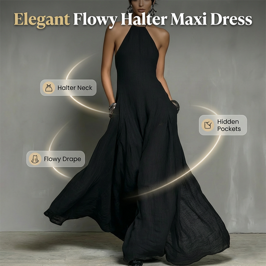 Elegante ermeløse halterneck maxikjole til dame – ermeløs, lommer, flagrende eleganse