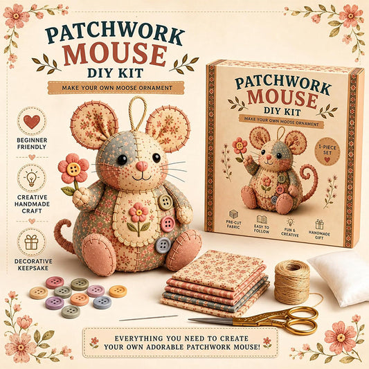 ⏳ TIDSBEGRENSET TILBUD – 50% RABATT! 🐭🧵 Patchwork-mus DIY-sett – lag din egen søte mus med enkelt syprosjekt! ✂️✨