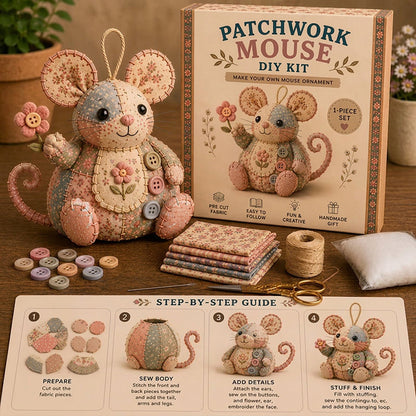 ⏳ TIDSBEGRENSET TILBUD – 50% RABATT! 🐭🧵 Patchwork-mus DIY-sett – lag din egen søte mus med enkelt syprosjekt! ✂️✨