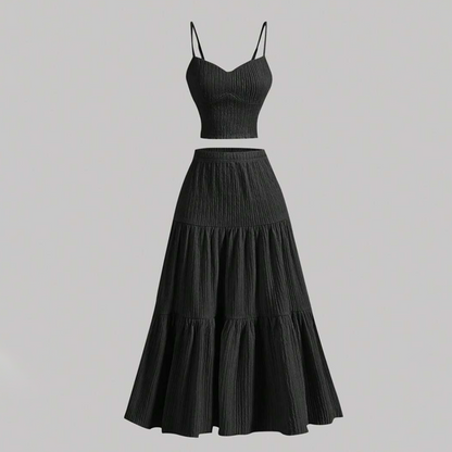 👗 TIDSBEGRENSET 50% RABATT! 💥 Høytlivet A-linje skjørt og cami topp sett – Lagdelt skjørt, kreppstoff, boho-chic ✨