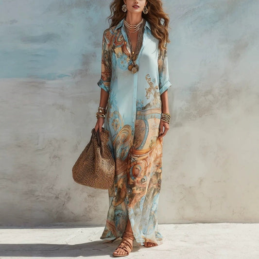 👗 TIDSBEGRENSET 50% RABATT! ✨ Elegant Retro Print Maxikjole – V-hals Knappelukning, Flytende Silhuett, Boho Chic 🌸