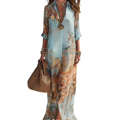 👗 TIDSBEGRENSET 50% RABATT! ✨ Elegant Retro Print Maxikjole – V-hals Knappelukning, Flytende Silhuett, Boho Chic 🌸