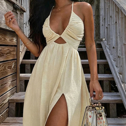 👗 BEGRENSET TID 50% RABATT! ✨ Dame Sommer Sexy V-hals Maxikjole – Dyp V-hals, Frontutskjæring, Høy Splitt, Åpen Rygg ☀️