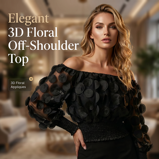 👗 TIDSBEGRENSET 50% RABATT! ✨ Off-Shoulder Tettsittende Topp – 3D Blomsterapplikasjoner, Smocket Midje, Ballongærmer 🌸