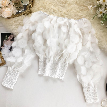 👗 TIDSBEGRENSET 50% RABATT! ✨ Off-Shoulder Tettsittende Topp – 3D Blomsterapplikasjoner, Smocket Midje, Ballongærmer 🌸