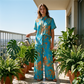 👗 BEGRENSET TID 50% RABATT! ✨ Dame Casual Kortærmet Topp & Bukse Sett – Fargerikt Mønster, Sidelommer, Mykt Stoff 🌿