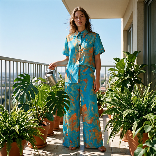 👗 BEGRENSET TID 50% RABATT! ✨ Dame Casual Kortærmet Topp & Bukse Sett – Fargerikt Mønster, Sidelommer, Mykt Stoff 🌿