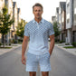 ⏳Tidsbegrenset tilbud⏰ Herreskjorte med geometrisk mønster og shorts-sett – Moderne mønster & pustende koordinert look 🔷