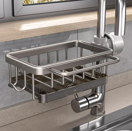 🔥Time-Limited Special💥 Faucet Sponge Holder Rack – space aluminum, rustproof, fast-drying, no tools. Organize sink & bathroom instantly! 🛡️✅