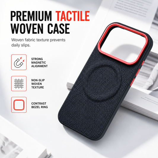 🎁2026 New Arrivals 50% OFF💥Magnetic Woven Texture Phone Case with Gold Trim – Anti-Slip, Shockproof, Wireless Charging ✨