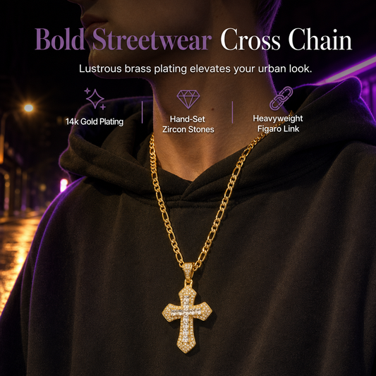 🌸 50% OFF NOW! 🌸Hip Hop Double Layer Baguette Rhinestone Cross Brass with Figaro Chain
