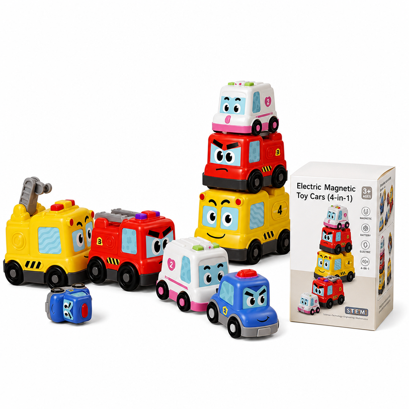 4-Piece Magnetic Electric Toy Car Set with Sound and Light Cartoon Sta ...